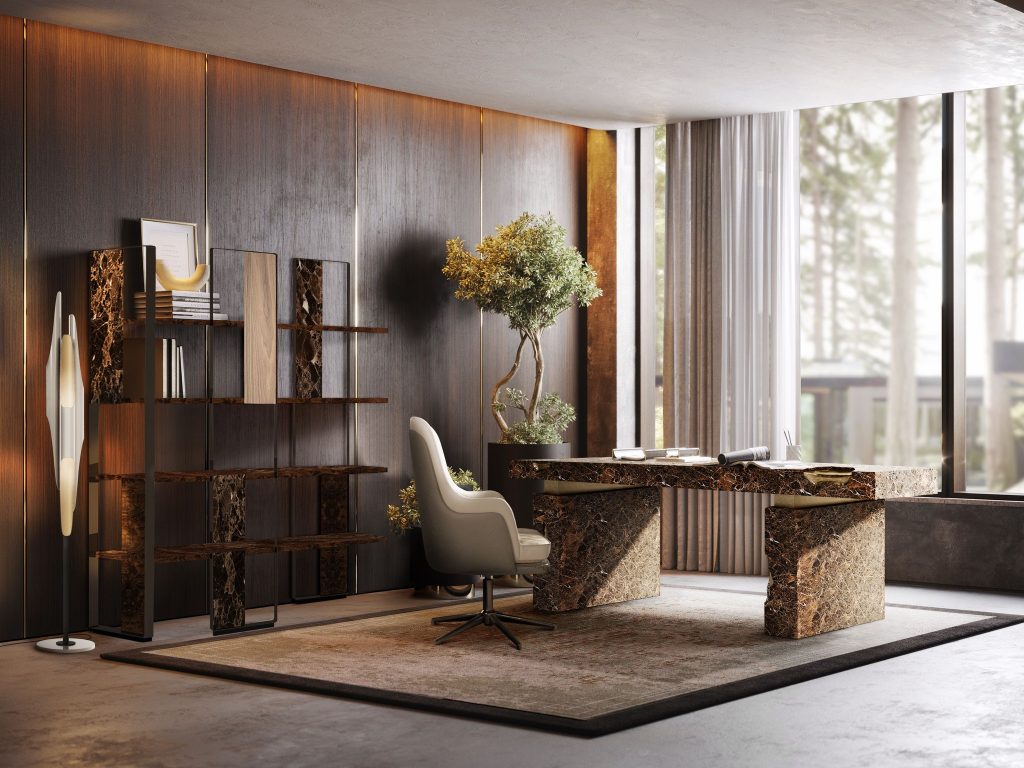 corporate office - marble desk with golden details, office in wood and with plants