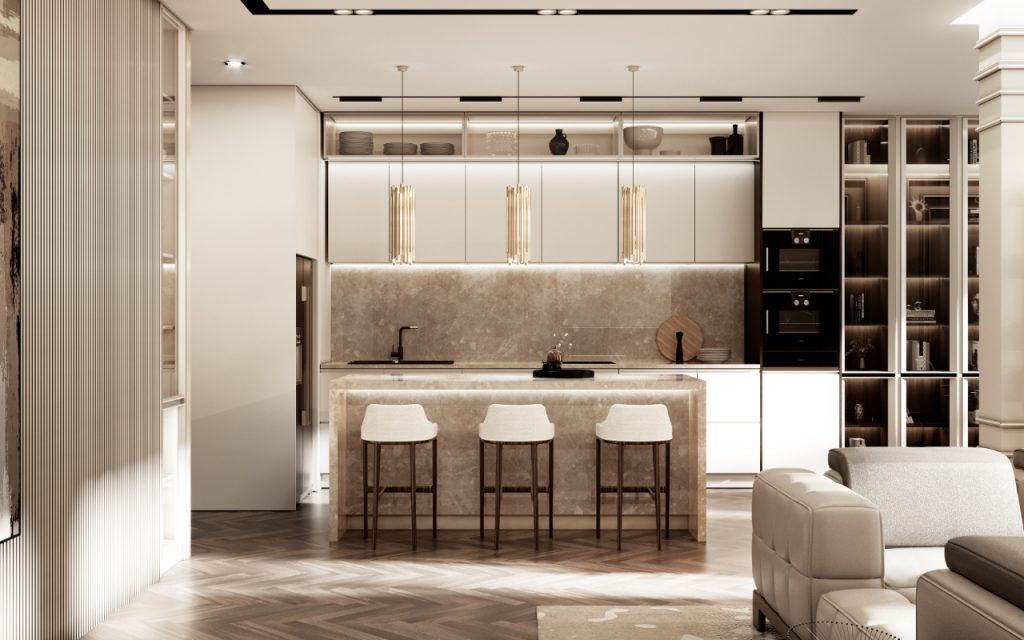 Cannes - luxury sandy coloured kitchen with white bar stools