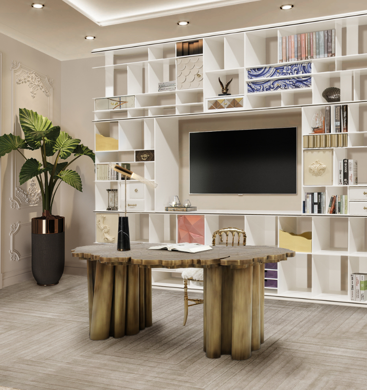 corporate office - golden desk and a bookcase